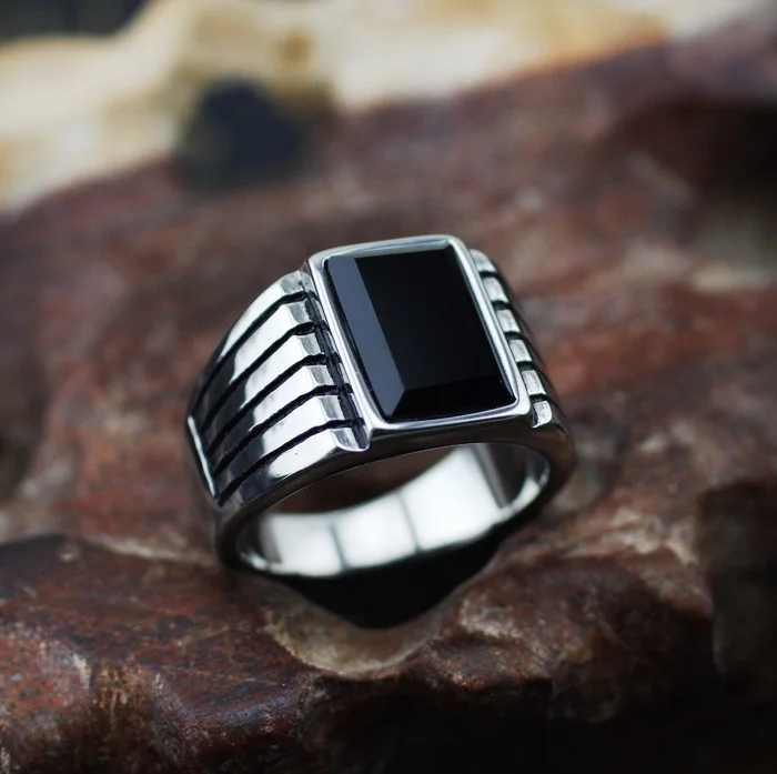 

S925 Silver European and American Retro Obsidian Ring Men's Gem Lucky Ring Men