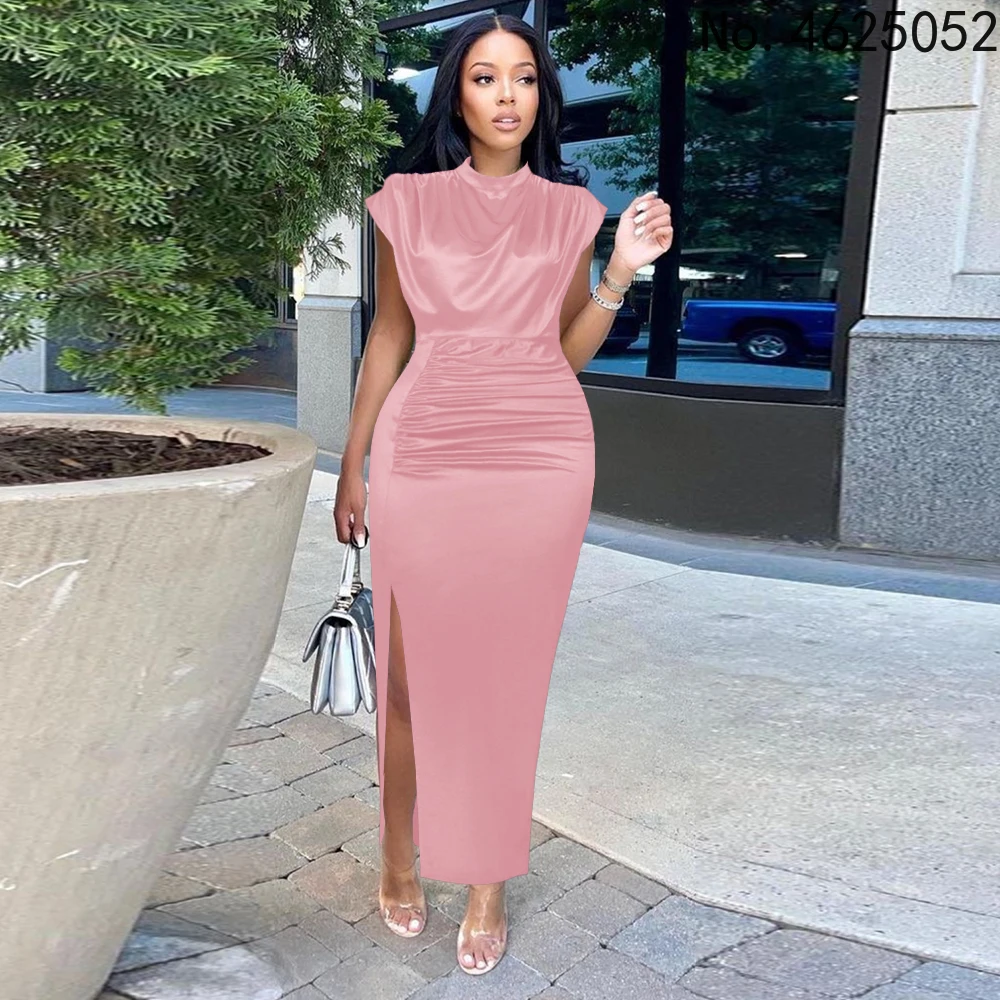 

Shiny Long Dress Party Pleated Bodycon Women Wine Red Elegant Slit High Collar Slim Fit Maxi Robes Gown Summer African New