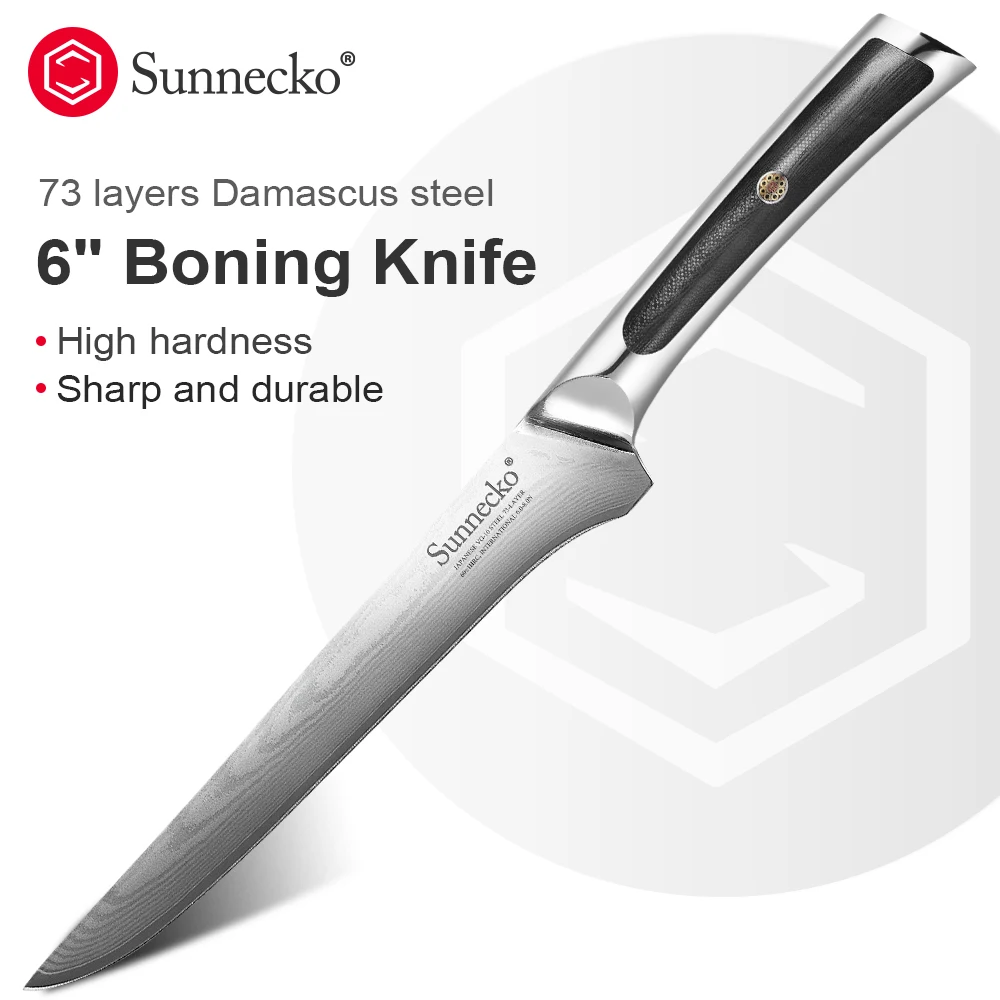 

Sunnecko 6 Inch Boning Fillet Knife Ultra Sharp VG10 Damascus Steel Slicing Kitchen Cutlery Tools Black G10 Handle Meat Cut