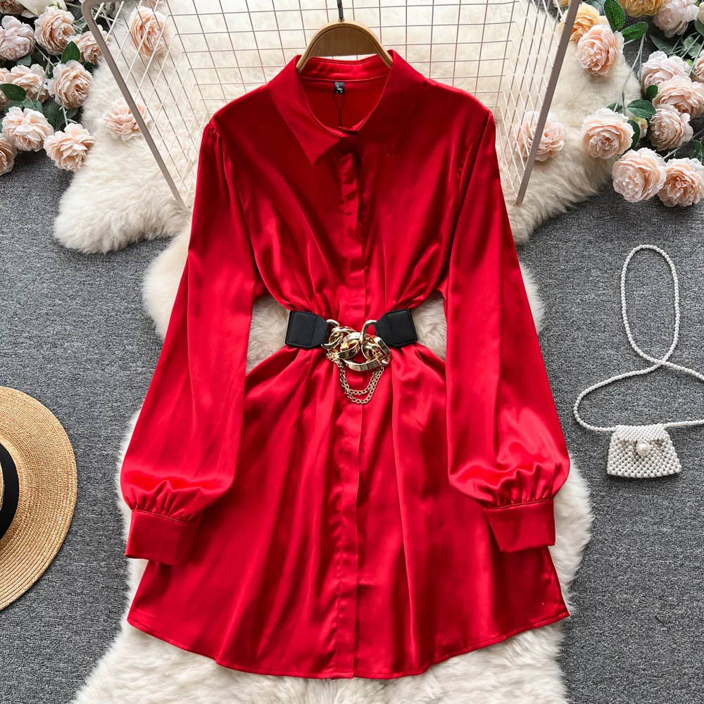 

Clothland Women Chic Candy Color Shirt Dress Belt Long Sleeve Single Breasted Vintage Mini Dresses Vestido QC009