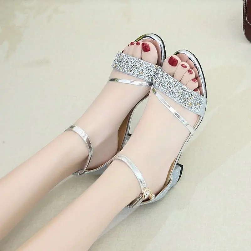 

Sandals Woman New High-heeled Designer Shoes Luxury Women's Sandals Novelties 2023 Buckle Rhinestone Thick with Fish Mouth Gold