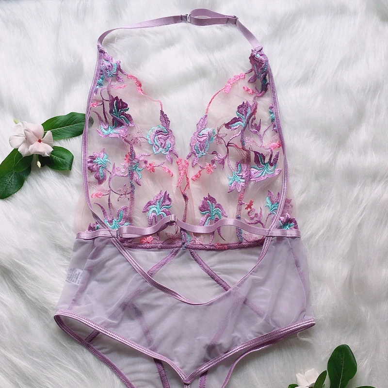 Women Bodysuit Erotic Lingerie Sexy Floral Embroidery Transparent Underwear Body Shaper Sensual Mesh See-Through Bodysuits
