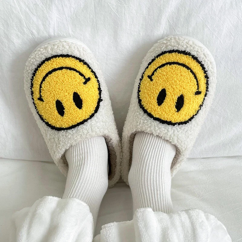 

Women's Men's Retro Face Slippers Comfy Warm Plush Slip-On House Slipper for Winter Indoor Soft Cushion Non-slip Fluffy Slides S