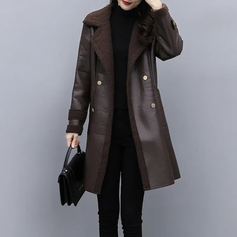 Autumn Winter PU Jackets Fashion Black Coats Women's Medium Long Slim Leather Jacket Women Lamb Fleece Coat jacket women coat
