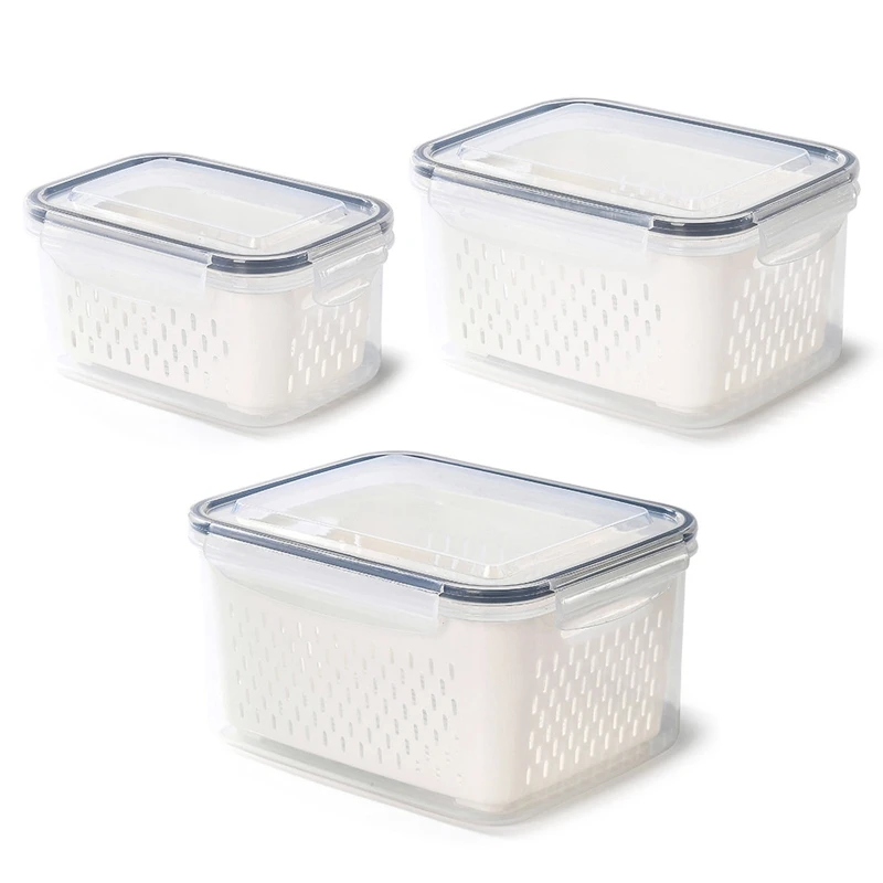 

K92A Food Storage Container Refrigerator Fresh-keeping Box Double-layer Drain Basket Kitchen Fruit Storage Case with Lid