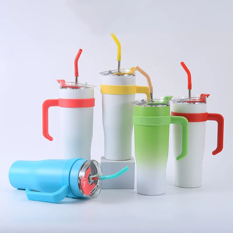 Thermal Water Bottle Mugs Protable Stainless Steel Car Vacuum Cup Handle And Straw