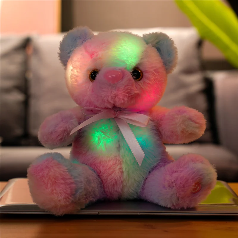 

22cm Kawaii Lovely Glowing Soft Bowknot Bear Plush Doll Luminous Stuffed Animal Toy Gift for Kids Girlfriends Loves Home Decor
