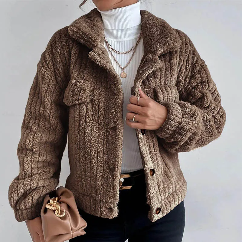 

Faux Fur Jacket Long Sleeve Warm Casual Coat Fashion Thick Winter Clothes Women O-neck Fluffy Solid Color Elegant Outerwear