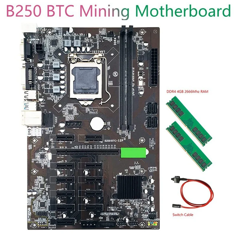 Материнская плата B250 BTC для майнинга LGA 1151 с 2XDDR4 4 Гб 2666 МГц ОЗУ + кабель коммутатора