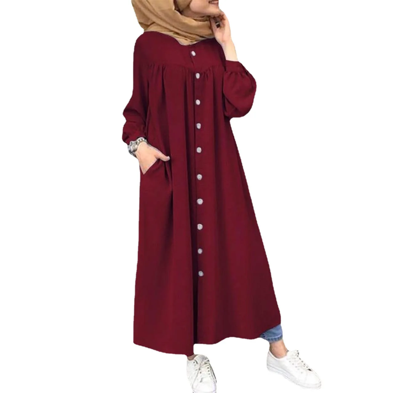 Ramadan Solid Long Sleeve Muslim Hijab Shirt Dress Casual Pocket Abaya Dubai Formal African Dresses for Women Islamic Clothing