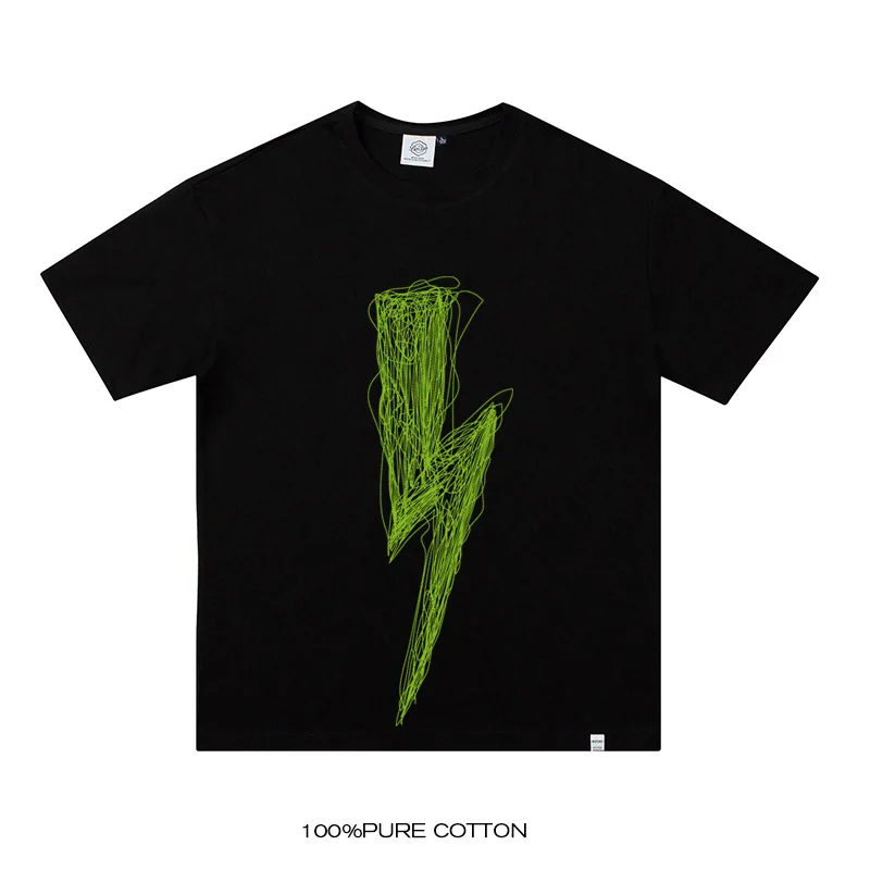 

Summer New Men's T-shirt Loose Oversized Clothes Harajuku Style Simple Hand-painted Lightning Print O-neck Short-sleeved T-shirt
