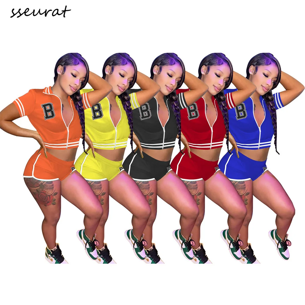 

Женский спортивный костюм SSEURAT, комплект из топа в полоску с коротким рукавом и шортов, спортивный костюм из двух предметов, одежда для фитне...