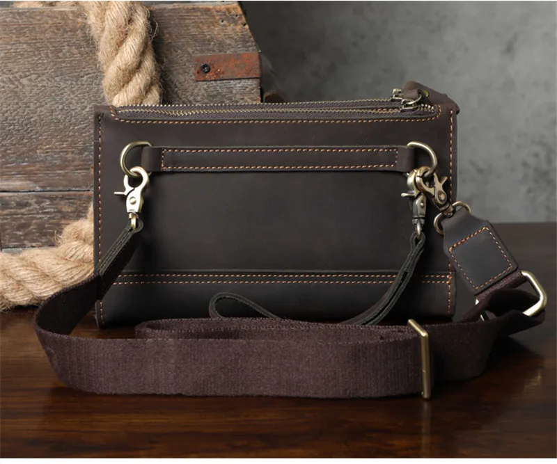 Fashion retro crazy horse cowhide men's clutch bag outdoor mobile phone business card holder card long 2 zippers messenger bag