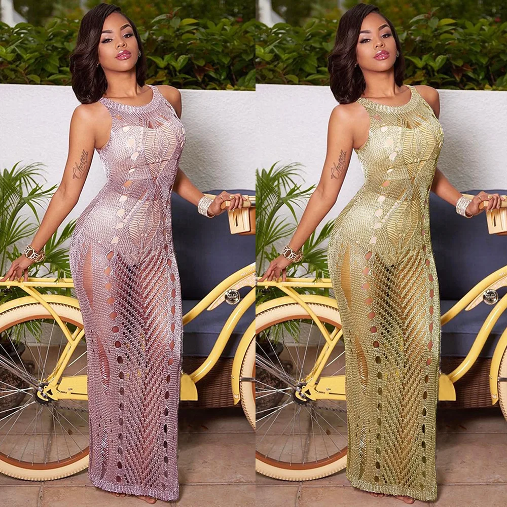 

2022 Летняя женская одежда вязанное крючком Сетчатое платье макси сексуальный модный свитер с вырезами облегающее зеленое вечернее длинное пляжное платье
