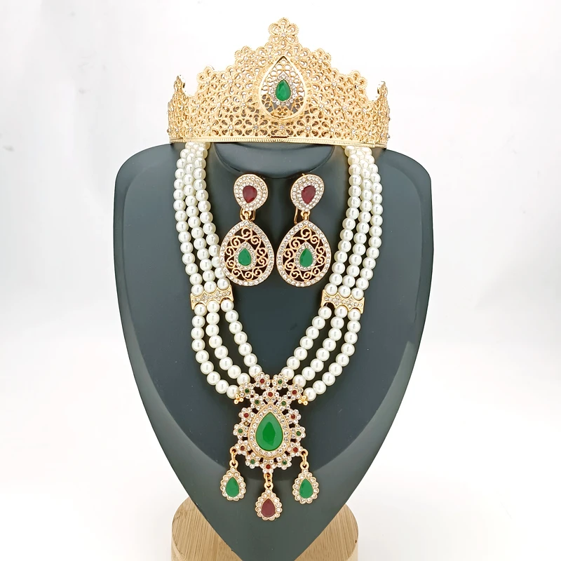 

Algerian Wedding Jewelry Set Fashionable Bridal Tiara Crystal Inlaid Rhinestone Design Pearl Necklace Female Earring Combination
