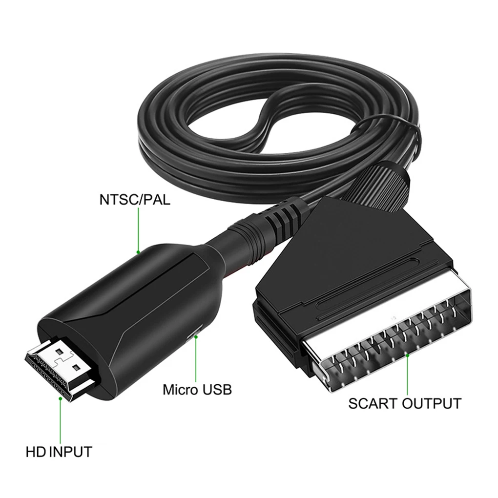 HDMI-compatible to Scart Adapter Portable Reusable Flexible Button Control Male-Male Indoor Audio Video Converter Connector