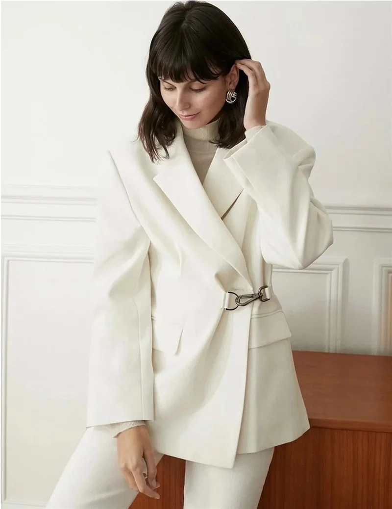 White Slim Waist Casual Office Blazer with Buckles 2021 Women Solid Color Mid-Length Commute Blazer Simple Patchwork Jacket Coat
