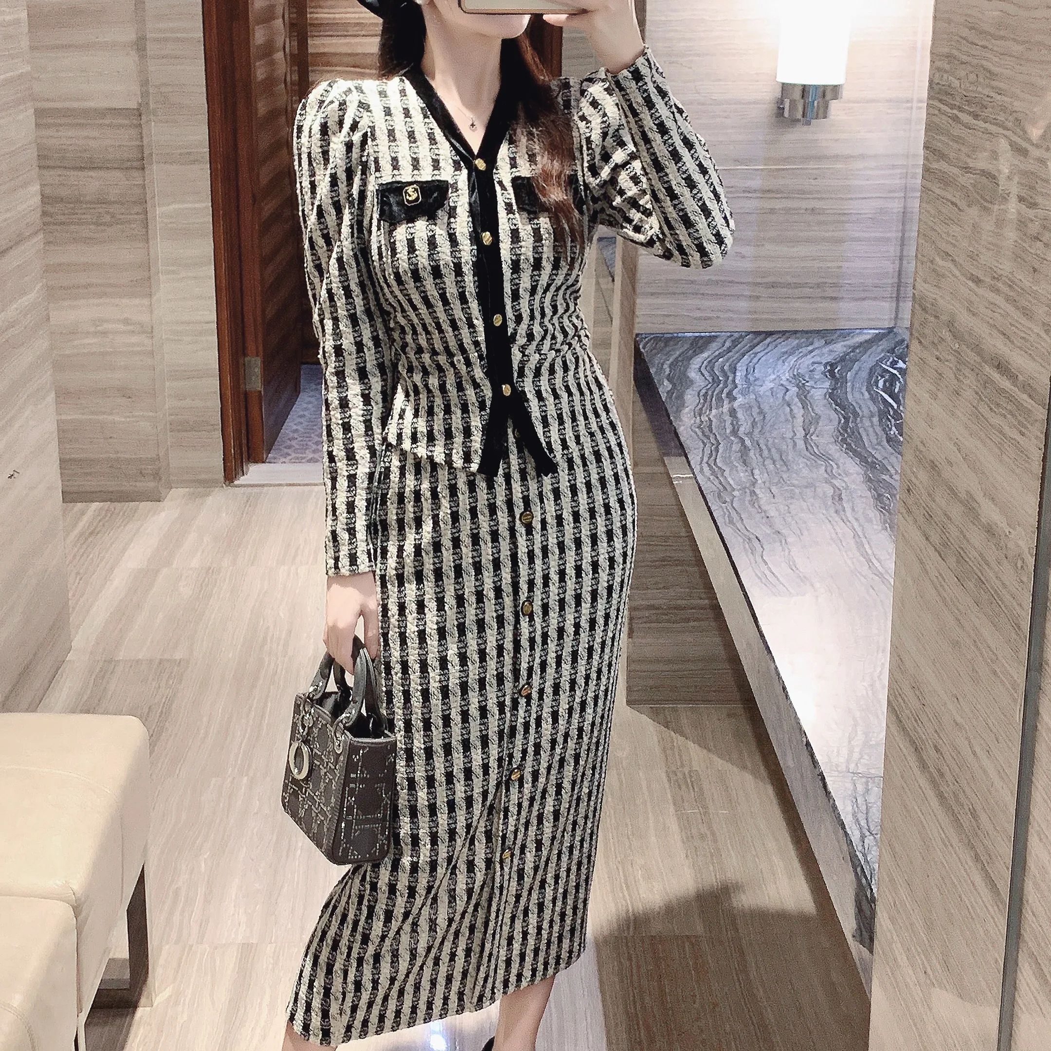 Женский твидовый костюм с юбкой маленькая Яркая модная Осенняя однобортная