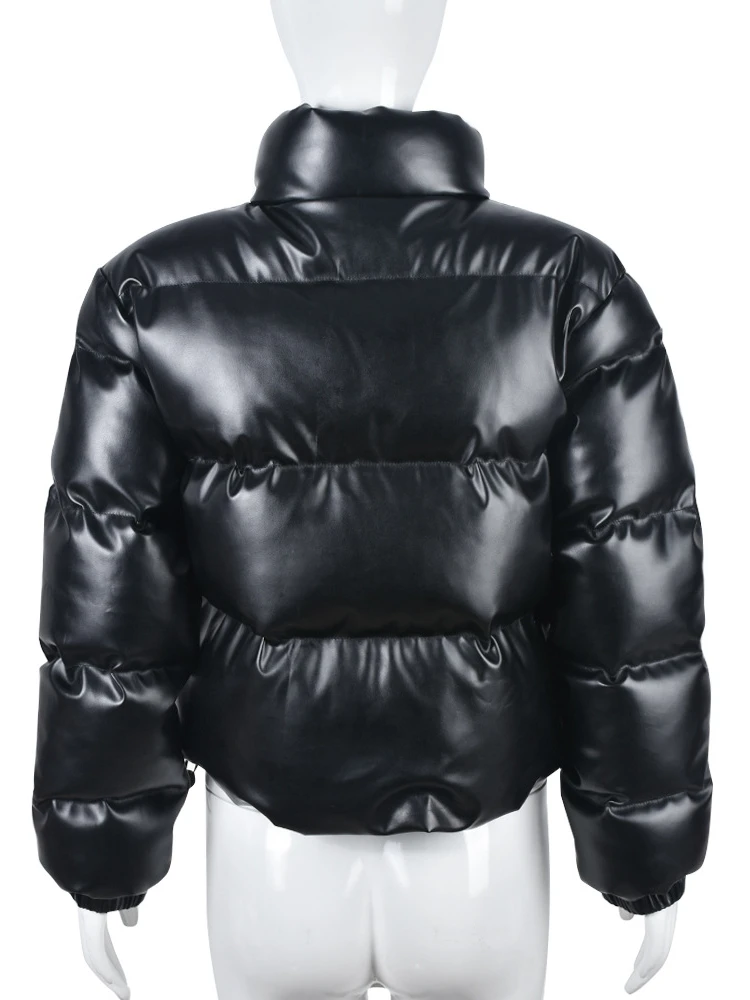 Fashion Stand Collar Zipper Thick Warm Black PU Leather Jacket 2022 Women's Winter Casual Solid Puff Parka Padded Coat Streetwea