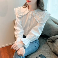 spring doll collar women shirt ruffled white chiffon niche top falre long sleeved shirt korean fashion tops mujer dropshipping