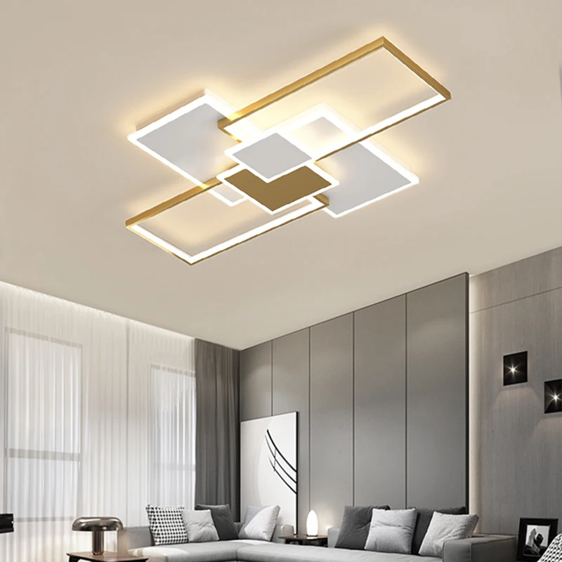 Modern Gold Led Chandelier For Living Room Dining Room Bedroom With Remote Control Rectangle Ceiling Lamp Indoor Light Fixtures