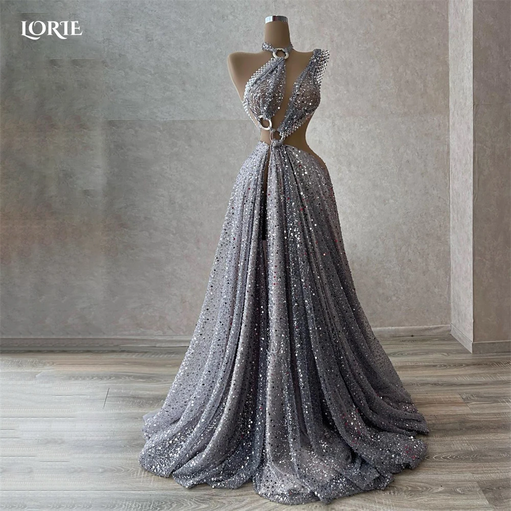 

LORIE Glitter Gray Formal Prom Dresses Shiny Halter One Shoulder A-Line Evening Dress Dubai Arabia Sparkly Pageant Party Gowns