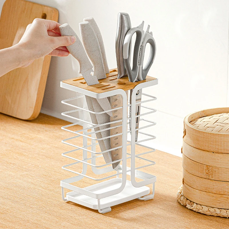 

Knife Block with Drain, Kitchen Knife Holder Organizer Stand Durable Metal & Bamboo Knife Dock Rack for Kitchen Cutlery Storage