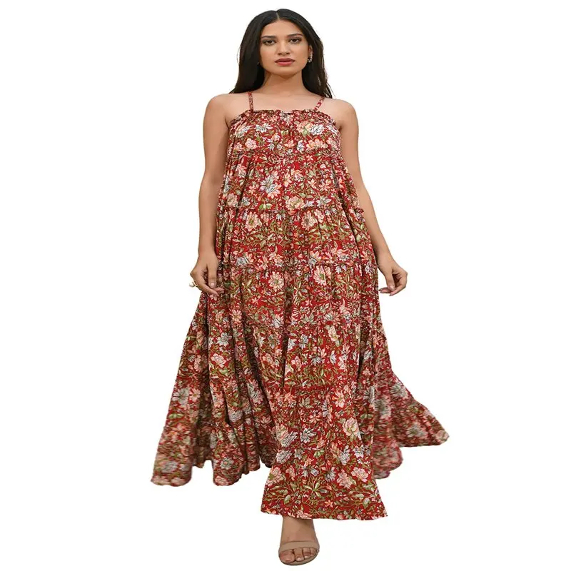 

Женское Красное Хлопковое платье с цветочным принтом, Многоярусное платье в западном стиле, летняя одежда