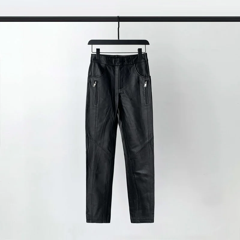 

Quality Black Trousers 100% Sheepskin Leather High Pants Women Casual Pencil Pants Spring 2023 Pantalones De Mujer Pph4606