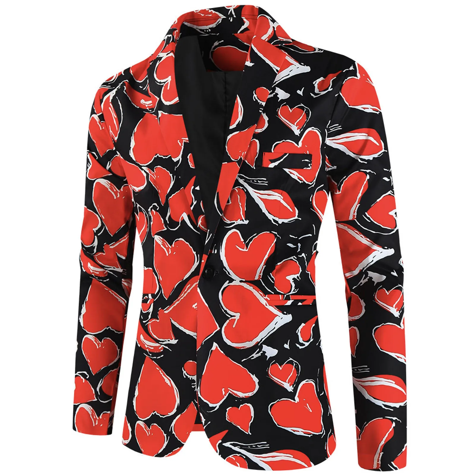 

Belle Rain Coat Mens Valentines Day Fashion Casual 3D Digital Heart Shaped Print V Neck Button Pocket Long Sleeve Jacket Men Tux