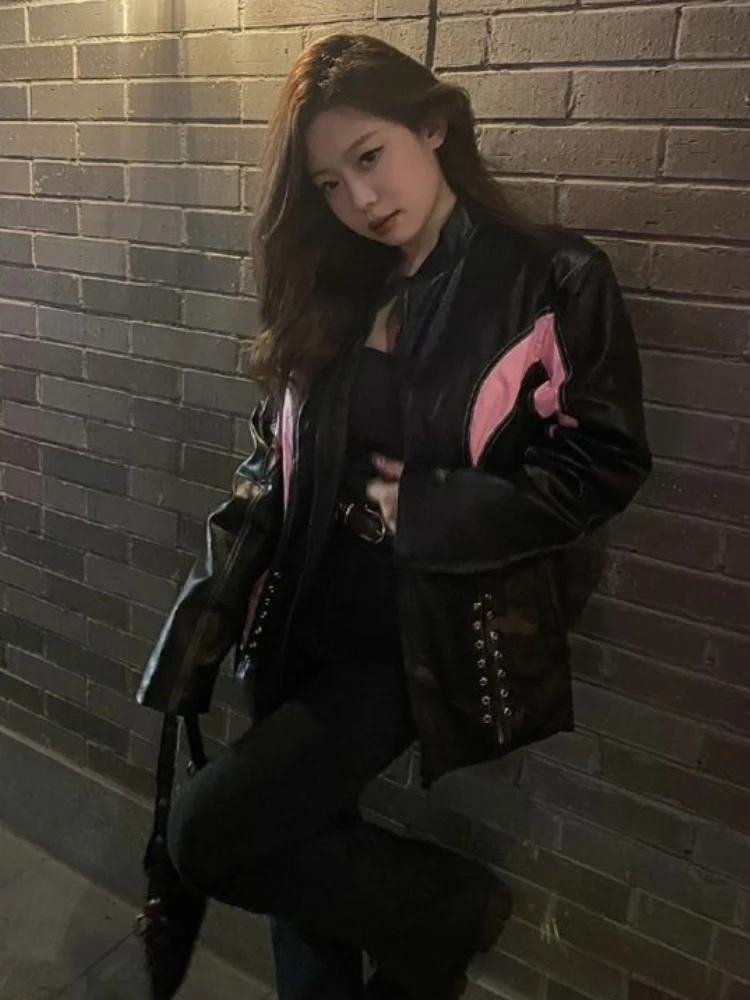 Autumn Motorcycle Leather Jacket Women Patchwork Chic Belt Loose Biker Jacket Female Casual Warm Korean Fashion Coat 2022 Summer