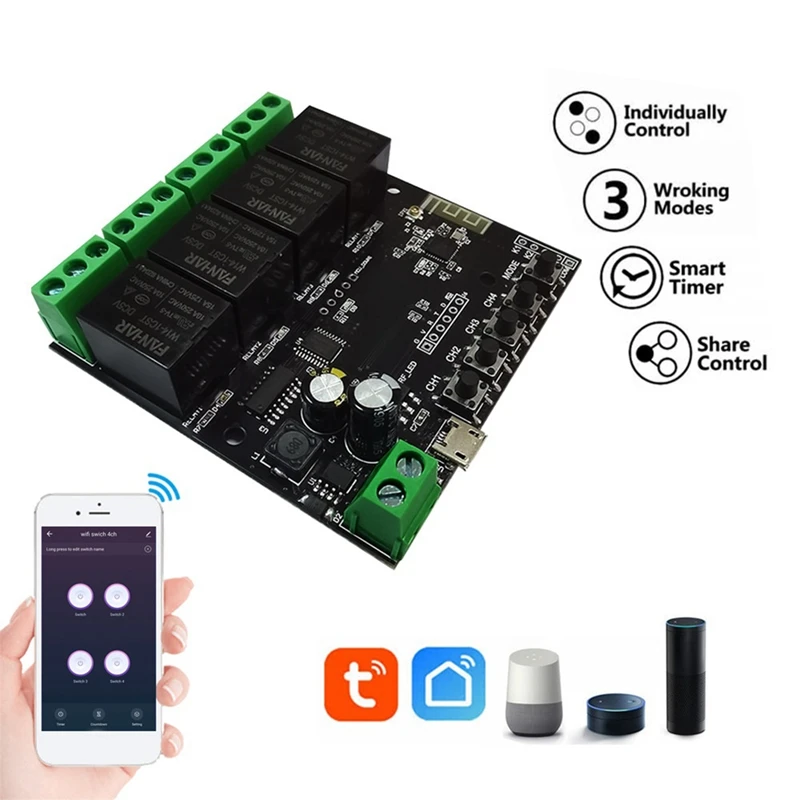 

Релейный модуль Wi-Fi Tuya, 4-канальный модуль для Alexa Google Home Alice