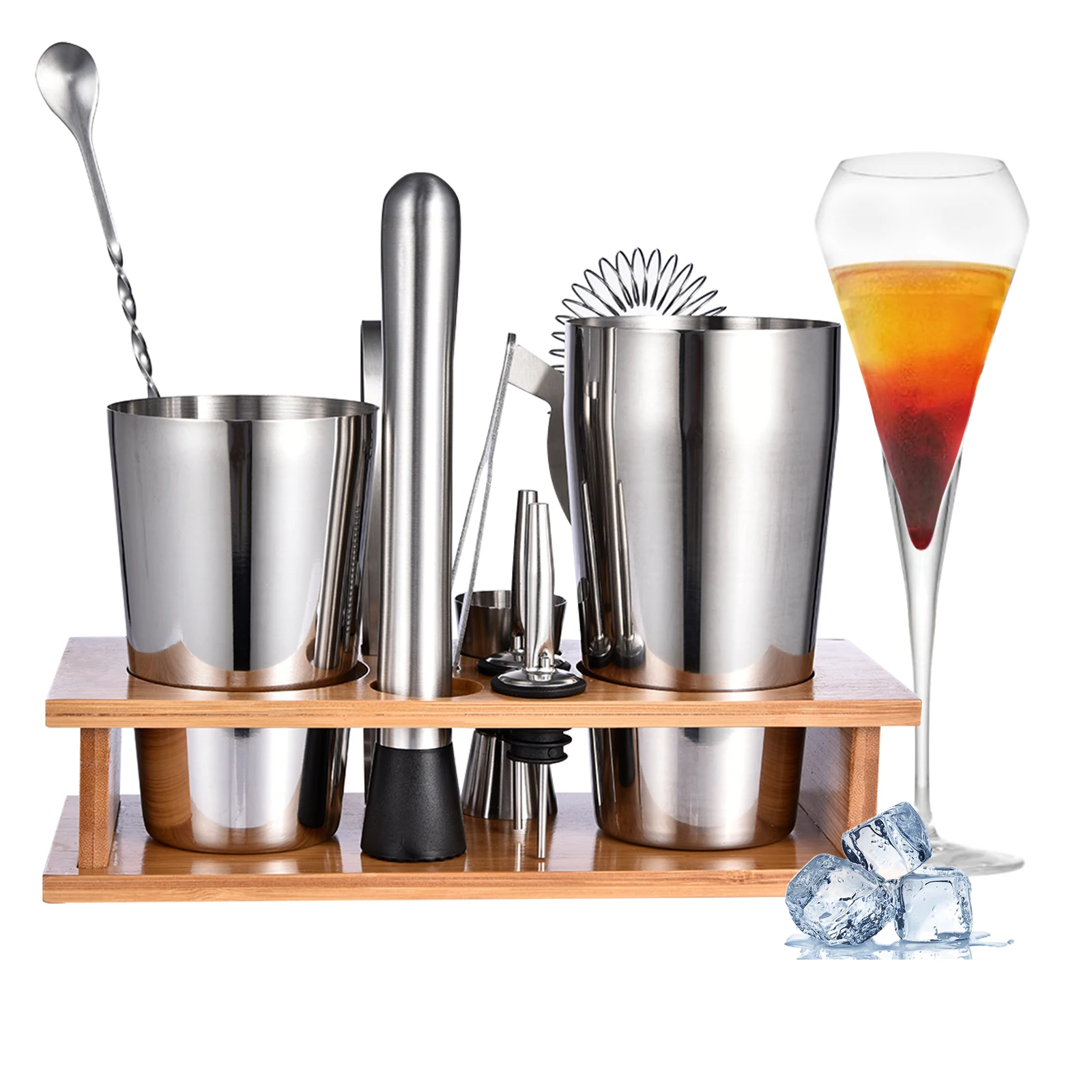 

11pcs Bartender Kit Boston Cocktail Shaker Set With Wooden Stand Stainless Steel Shaker Sets For Mixed Drinks Martini Bars Tools