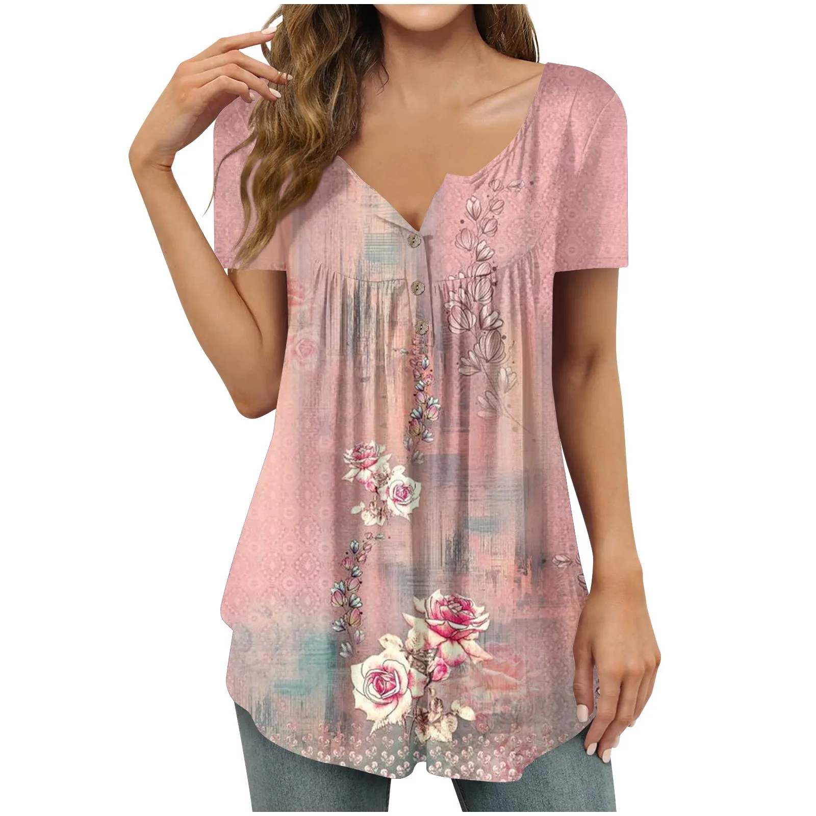 

Ladies Casual V Neck Short Sleeve T-Shirt Floral Print Button Tops Fashion Woman Blouse 2023 T Shirt For Women Y2k Clothes Women