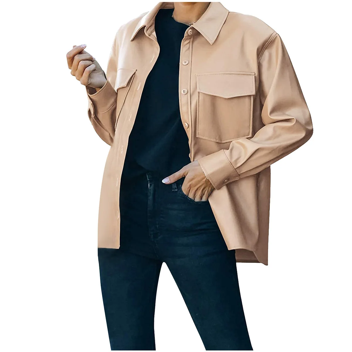 Women's Front Bbutton Faux Leather Jacket Casual Solid Color Button with Pockets Coat Casual Female Outerwear Jackets Streetwear enlarge