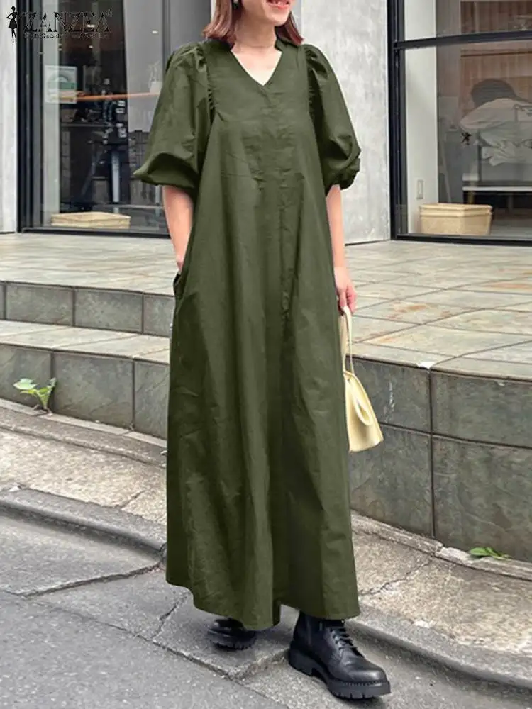

ZANZEA Femme Fashion Solid Loose Maxi Vestidos Oversized Spring Sundress Women V Neck Long Puff Sleeve Kaftan Shirt Dress Robe