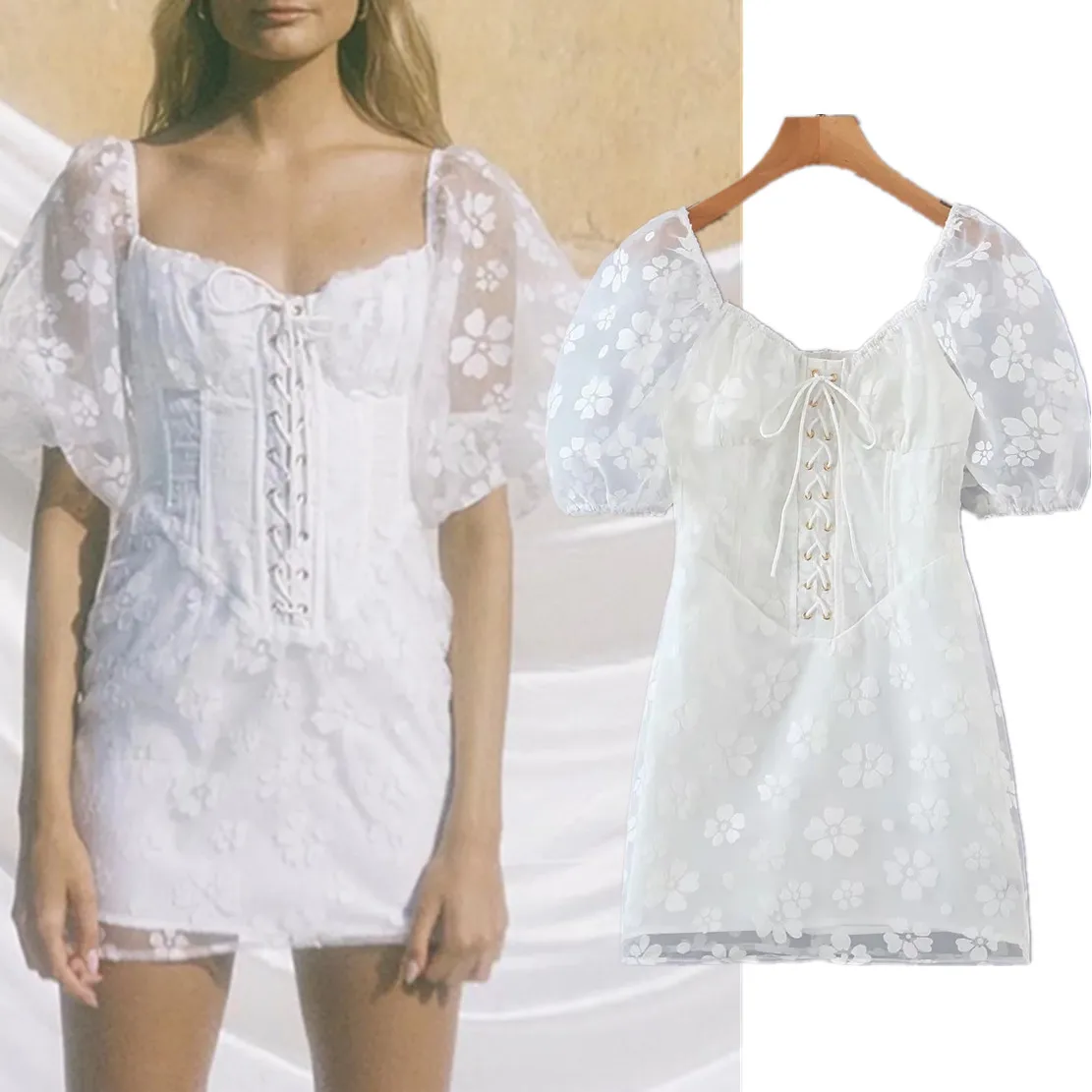 

Женское платье с открытыми плечами, жаккардовым рукавом и буффами