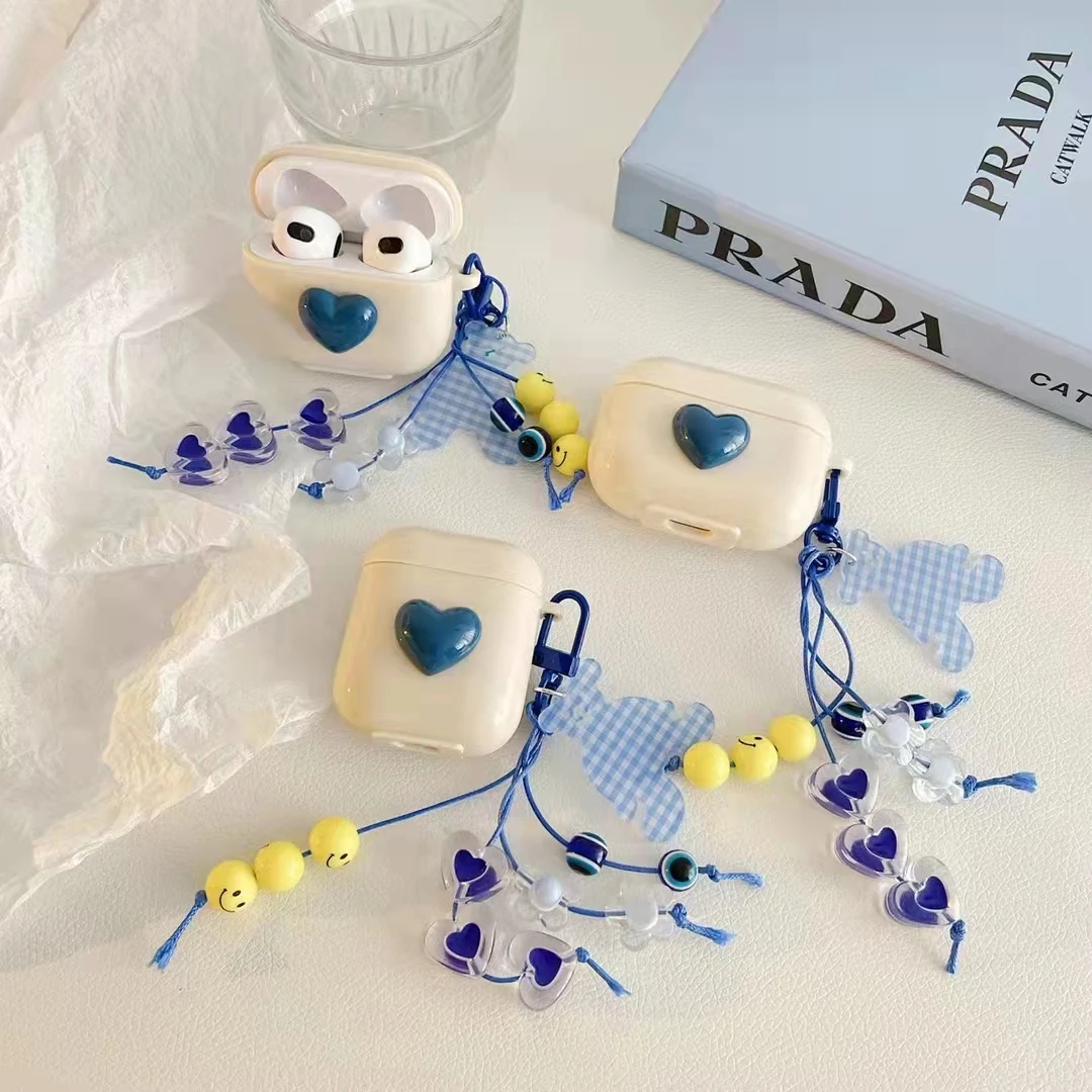 

For 2021 New airpods 3 case,Cute off white Wireless Earphone Case for Airpods 2 1 Pro tblue heart Protective Case with keychain