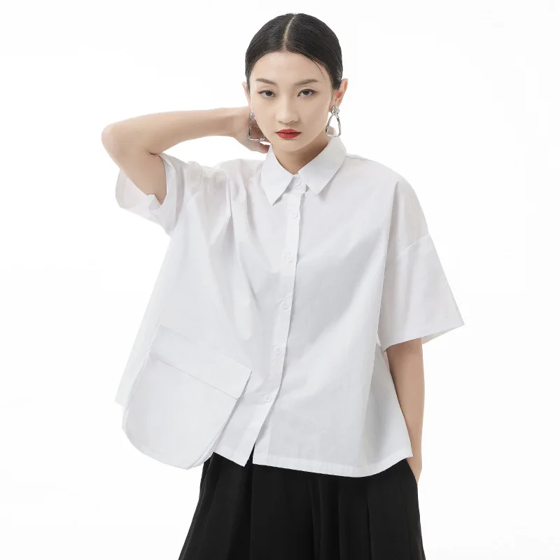 

Trend Spliced Pocket Loose Japan Style Vintage White Black Shirt 2022 Summer Women Men Streetwear Gothic Hip Hop Top Blouse 0212