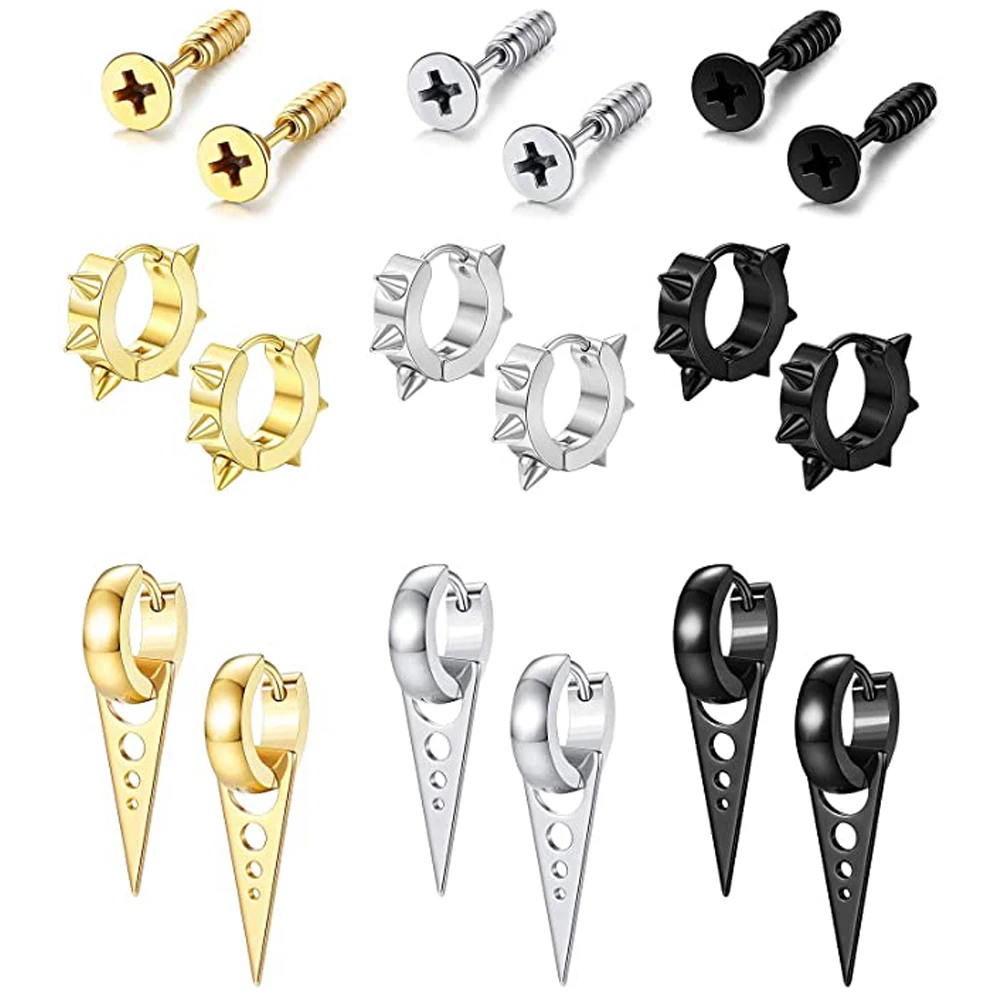 

1 пара панк-шпильки из нержавеющей стали для мужчин и женщин, винты-обручи, треугольные серьги, готические золотые, серебряные, черные украше...