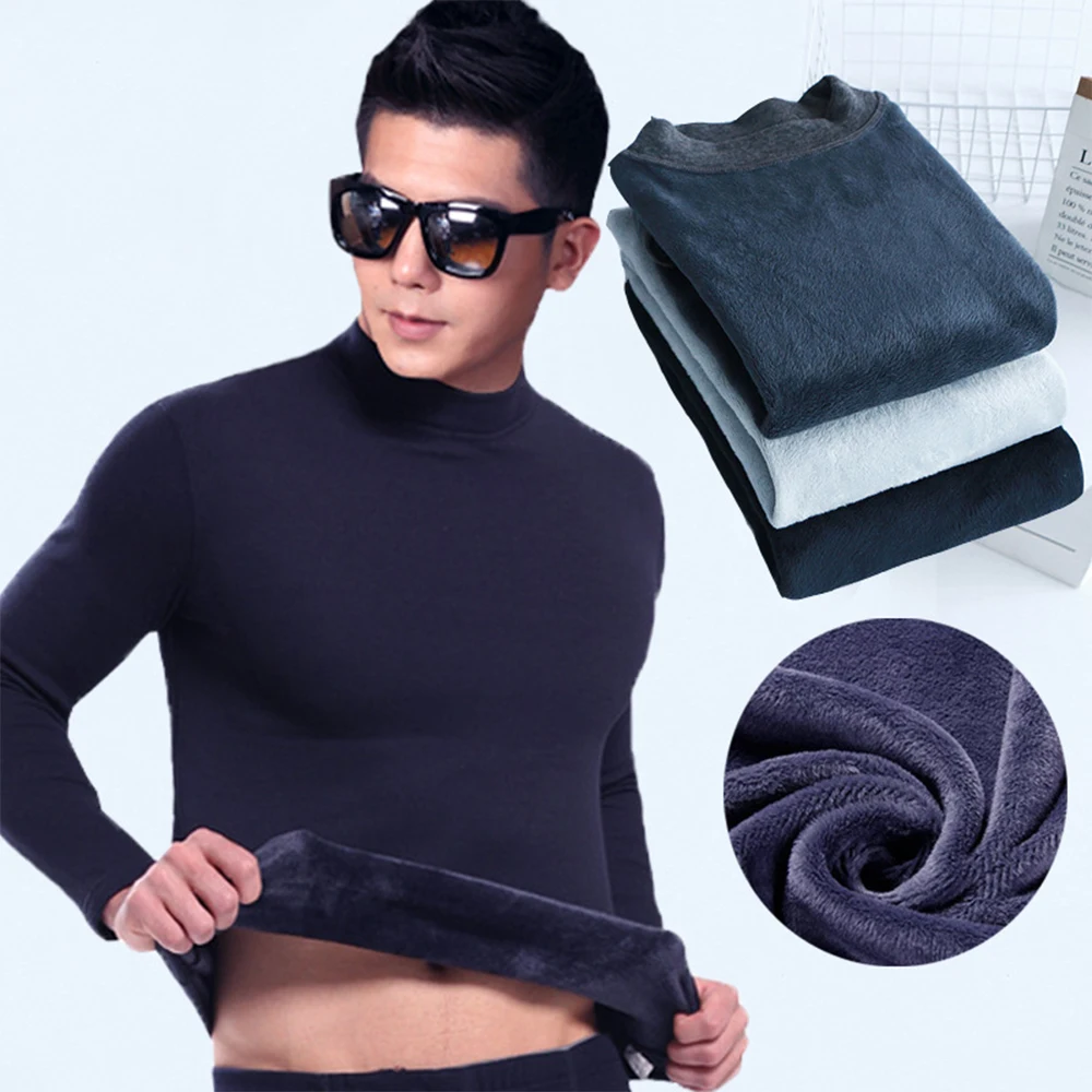 

Winter Fleece Thermal Underwear Set Men Long Sleeve Tops Velvet Crew Neck T-shirts Thermo Pullovers Winter Warm Slim Basic Shirt