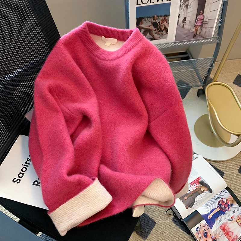 

Женские розовые свитера на осень и зиму, Удобные Свободные вязаные пуловеры с круглым вырезом, верхняя одежда в Корейском стиле для девочек, топы, женские свитера для женщин