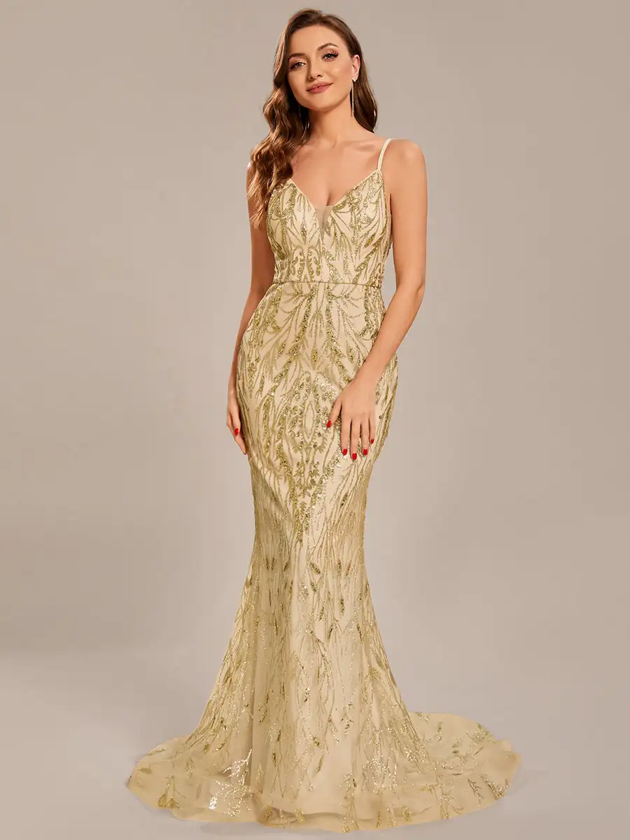 

Custom Evening Dresses Sleeveless V-Neck Fishtail Popular fabrics Off Shoulder 2023 Ever Pretty of Shiny Gold Women Dress