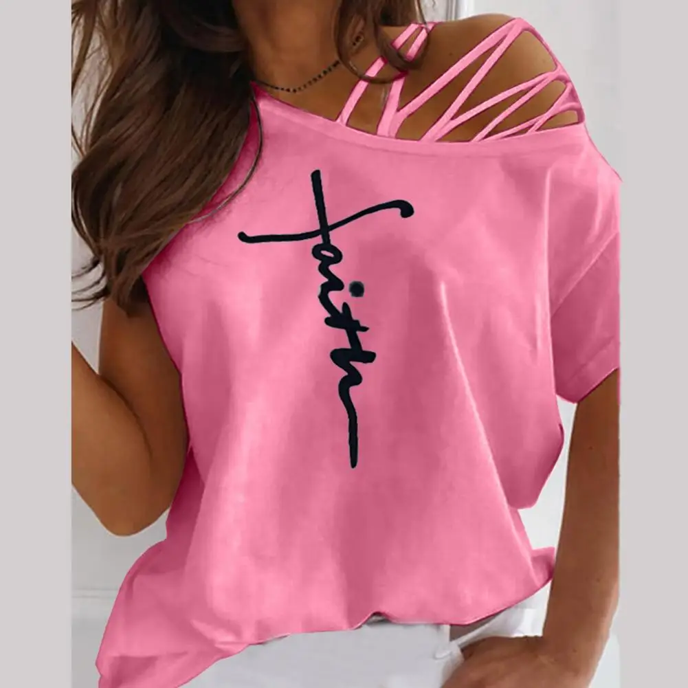 

Letter Print One Off Shoulder Women T-shirt Casual Strappy Slant Collar Blouse T-shirt Streetwear for Daily Life