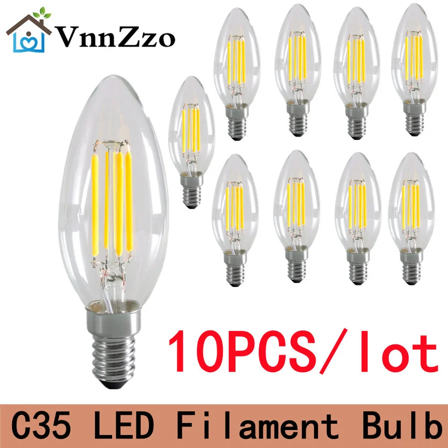 

10pcs C35 Dimmable Led Bulb E27 E14 Filament Candle Light Bulb 2700k 6000k Cold Warm White Edison Retro Candelabra Led Lamp