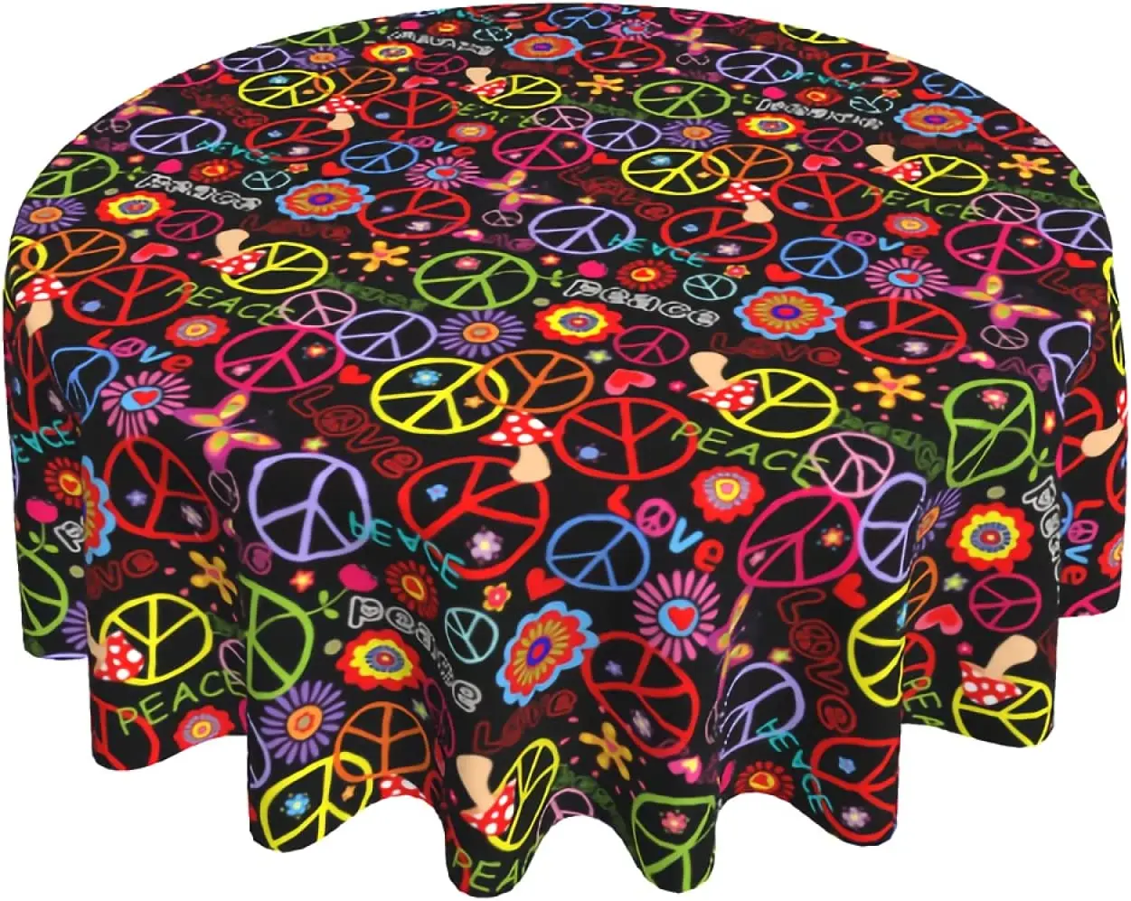 

Love Peace Symbol Round Table Cloth,Abstract Love Flowers Tablecloths Waterproof Stain Table Cover Dinner Kitchen Decor