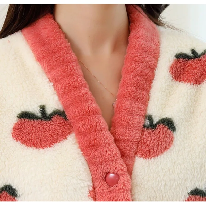 Women's Winter Warm Thin Two-Pieces Pajama Suit Length To The Ankle Polyester Comfortable V-Neck Leisure Wear With No Hat