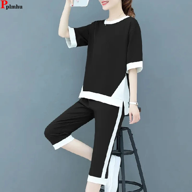 

Summer Two Pieces Sets Patchwork Half Sleeve Tracksuit High Waist Calf-Length Pants Suits Korean Thin Conjuntos Casual Ensemble