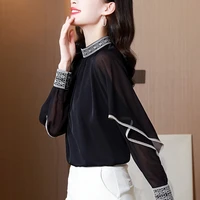 2022 new style women fashion embroidered women blouse and shirts black long sleeve sexy chiffon half high collar tops