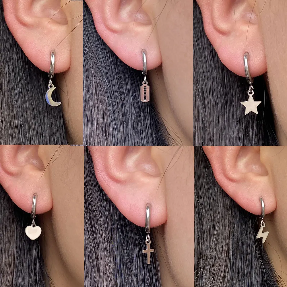 

New Drop Earrings Stainless Steel Star Moon Eye Cross Love Small Pendant Piercing Hoop Earrings for Women Party Jewelry Gifts